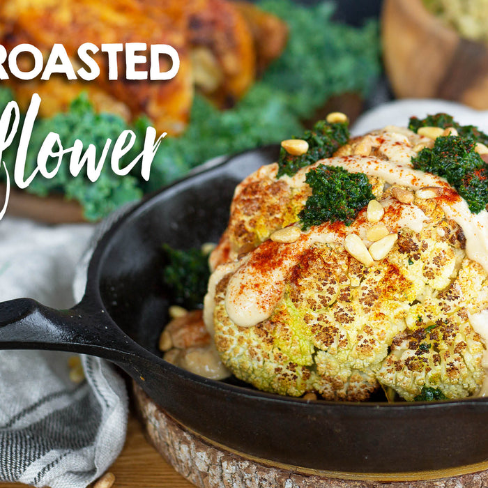 Whole Roasted Cauliflower with Homemade Tahini and Chimichurri