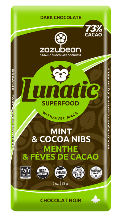 Zazubean Organic Chocolate - Lunatic, Mint & Cocoa Nibs, 85 g