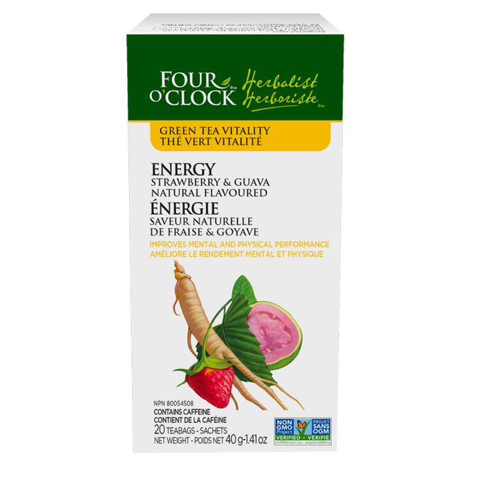 Four O'Clock - Green Tea, Energy, Strawberry-Guava, 20 bags
