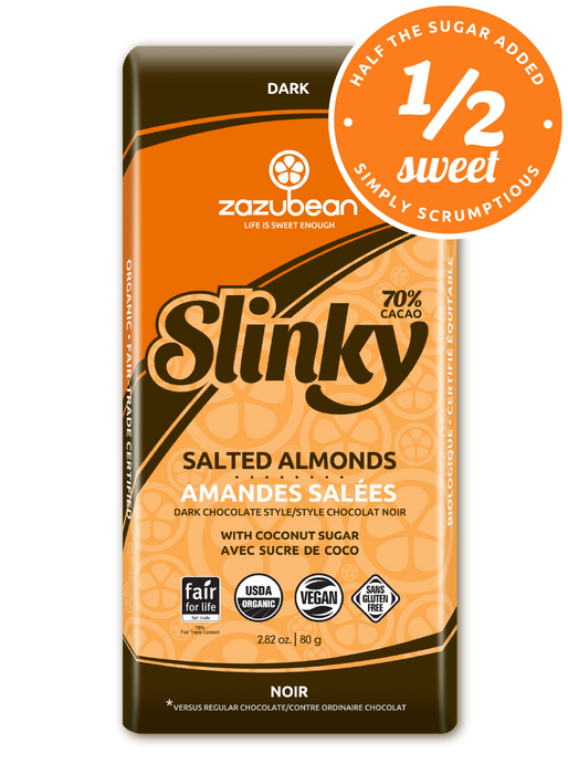 Zazubean Organic Chocolate - Slinky, 70% Cacao, Half Sweet, Salted Almonds, 80g