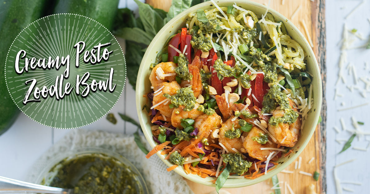 Creamy Pesto Zoodle Bowl with Spicy Shrimp