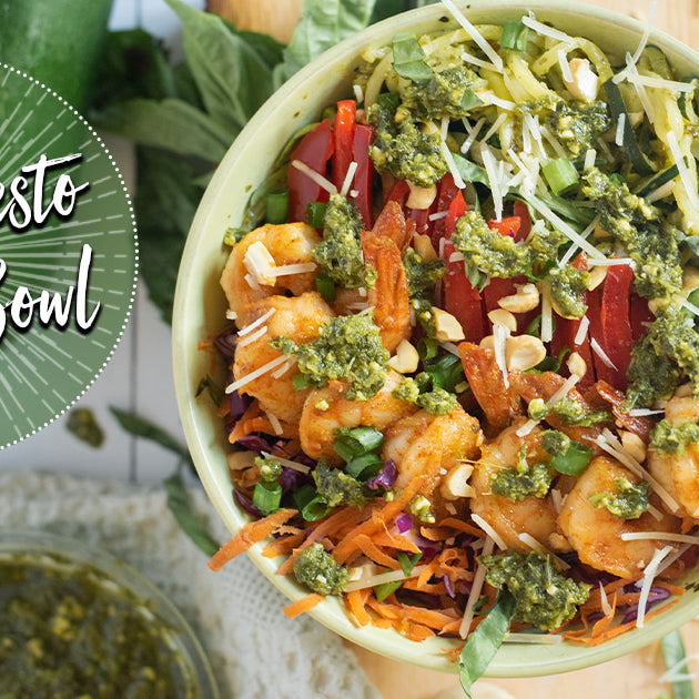 Creamy Pesto Zoodle Bowl with Spicy Shrimp
