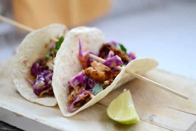 Talapia Fish Tacos with Red Cabbage & Carrot Slaw