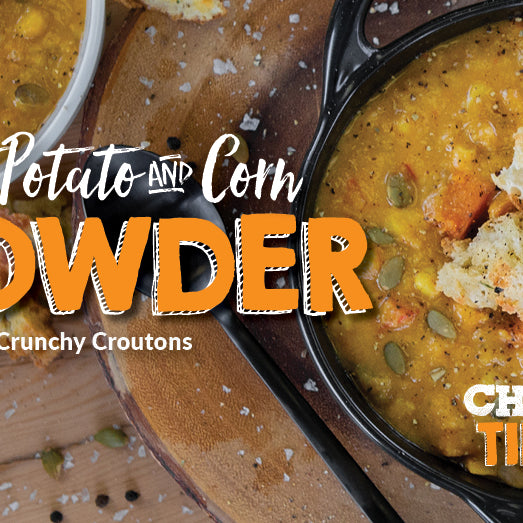 Sweet Potato & Corn Chowder with Crunchy Croutons