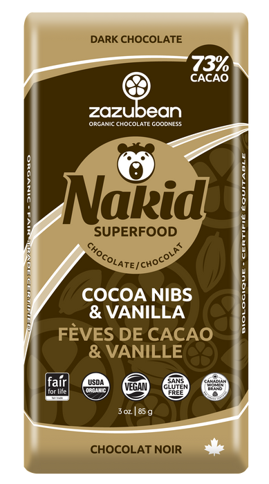 Zazubean Organic Chocolate - Nakid - Dark Chocolate & Cocoa Nibs, 100 g