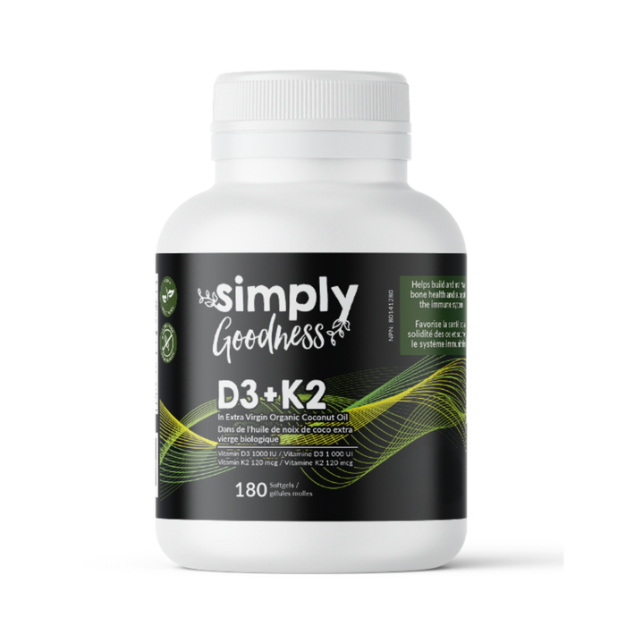 Simply Goodness - D3 1000 IU + K2 120 mcg, 180 Softgels