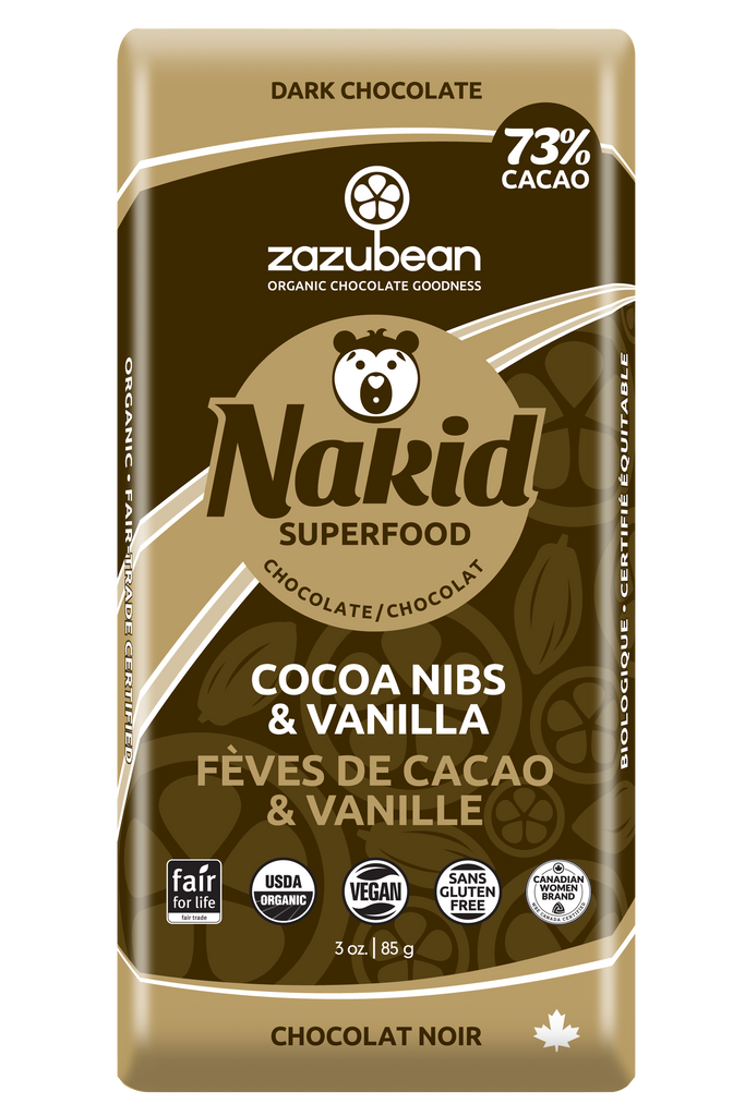 Zazubean Organic Chocolate - Nakid - Dark Chocolate & Cocoa Nibs