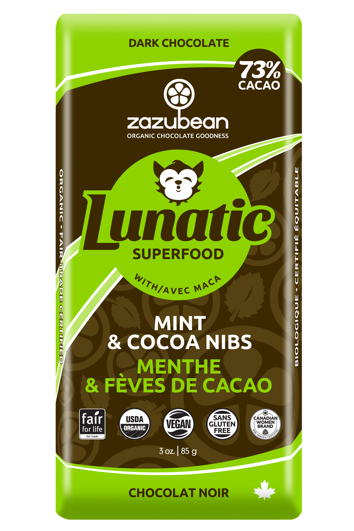 Zazubean Organic Chocolate - Lunatic, Mint & Cocoa Nibs, 85 g