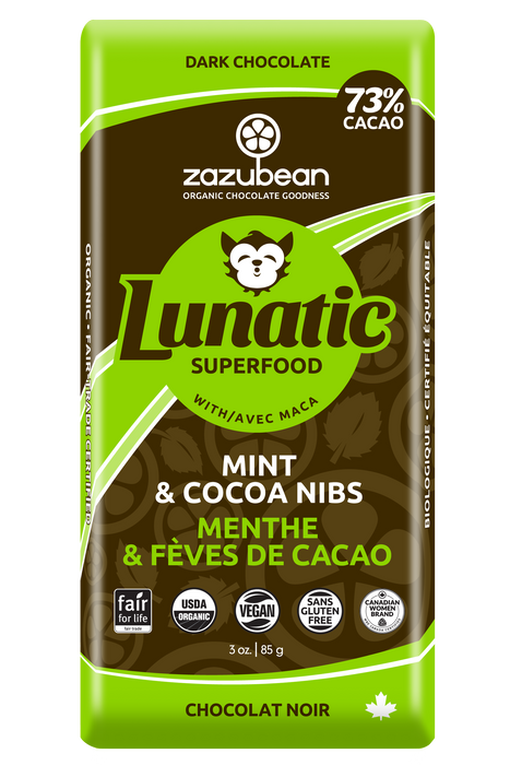 Zazubean Organic Chocolate - Lunatic, Mint & Cocoa Nibs, 85 g