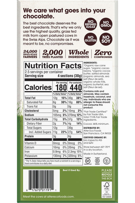 Alter Eco - Organic Milk Chocolate, Grass Fed Salted Almond, 75g