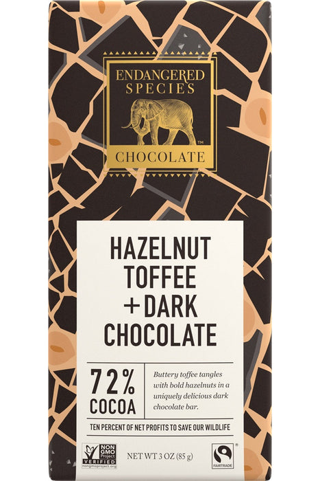 Endangered Species Chocolate - Dark Chocolate Bar with Hazelnut Toffee - 85 g