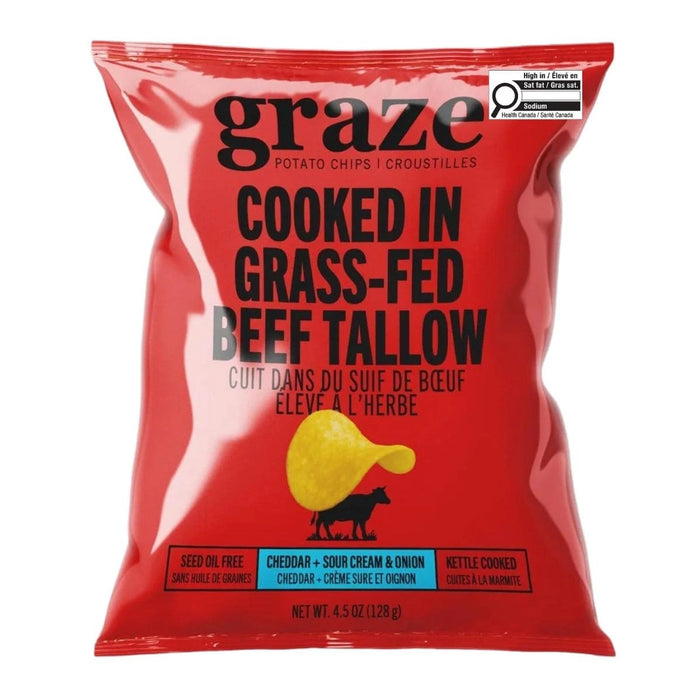 Graze Potato Chips - Cooked in Grass Fed Beef Tallow - Cheddar + Sour Cream & Onion, 128 g