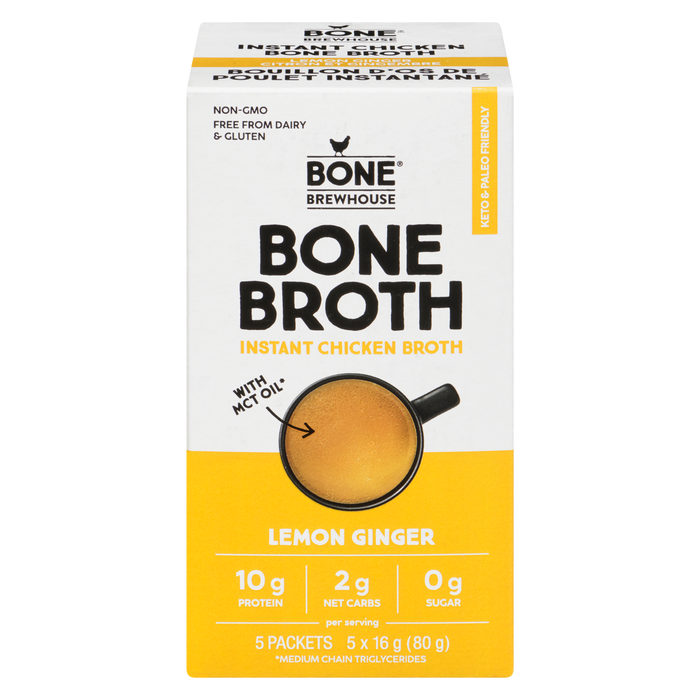 Bone Brewhouse - Instant Chicken Bone Broth, Lemon Ginger, 5x16g