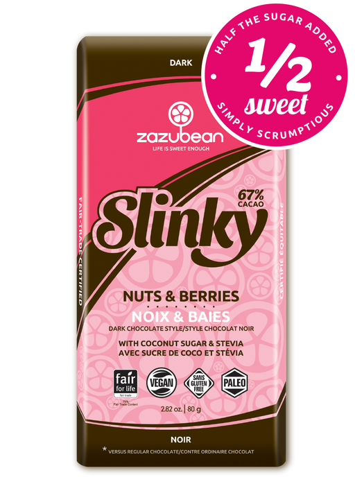 Zazubean Organic Chocolate - Slinky, 67% Cacao, Half Sweet, Nuts & Berries, 80g