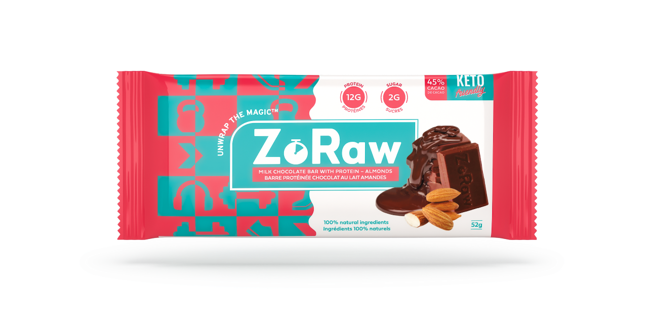 ZoRaw Chocolates - Milk Chocolate Bar, Almond and Protein, 52g