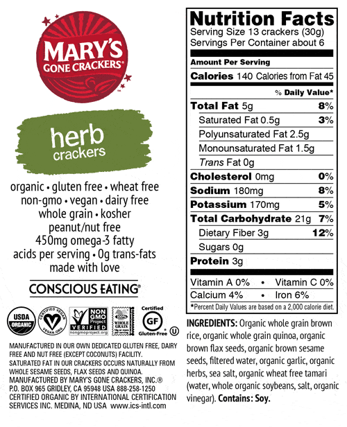 Mary's Crackers - Organic Herb Crackers, 184g