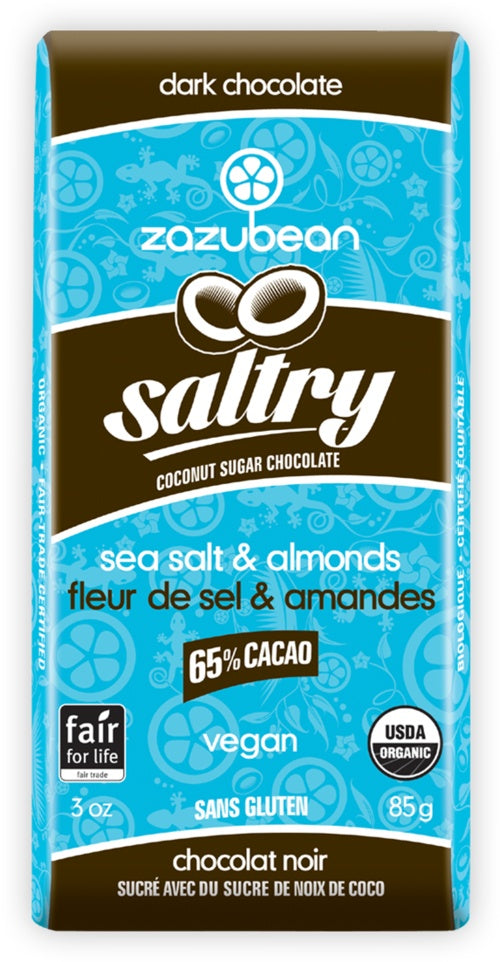 Zazubean Organic Chocolate - Saltry, Sea Salt & Almonds, 85g