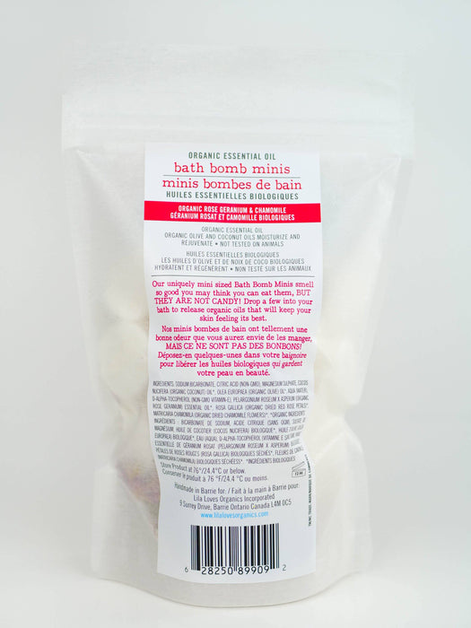 Lila Loves Organics Inc. - Organic Essential Oil Bath Bomb Minis, Rose Geranium & Chamomile, 20 pack - 240 g
