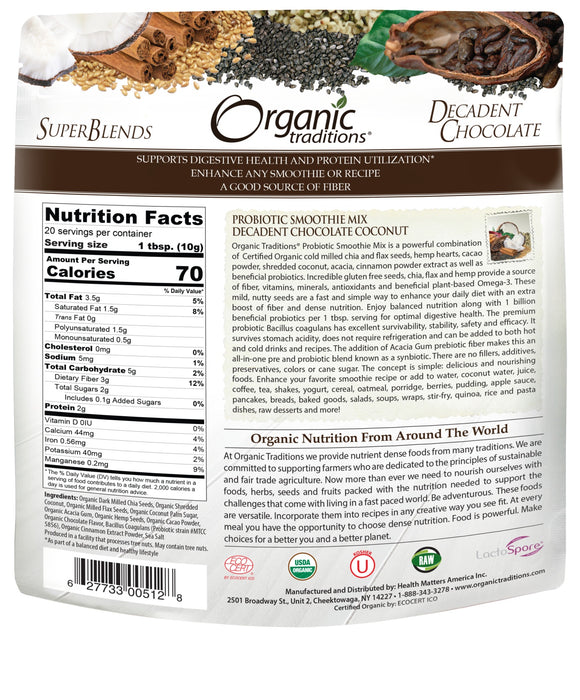 Organic Traditions - Probiotic Smoothie Mix (Decadent Chocolate Coconut), 200g
