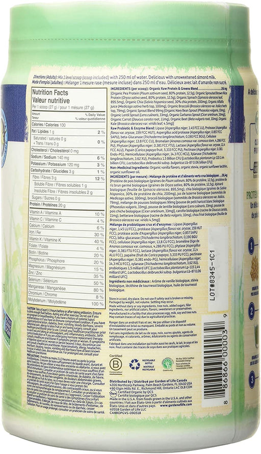 Garden of Life - Raw Organic Protein & Greens, Vanilla, 550g